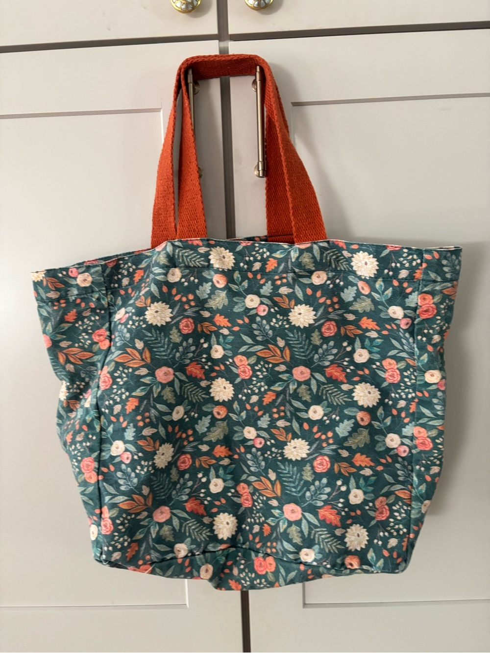 Floral Canvas Tote Bag with Orange Handles